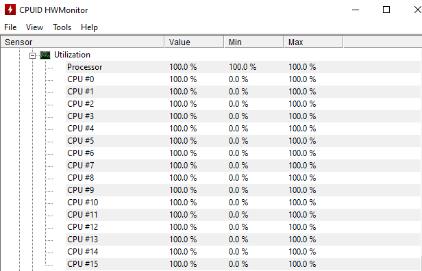 HWMonitor shows all CPUs in use, and no longer reports E-cores being present.